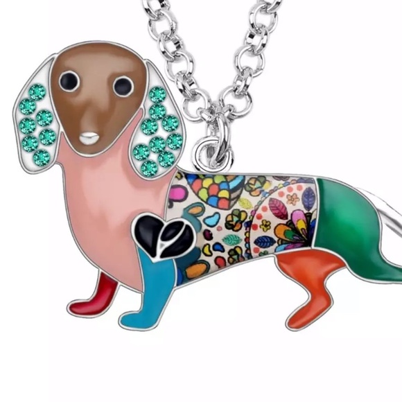 Dachshund necklace enameled metal CZ detail - Picture 2 of 5